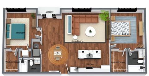 2 Bedroom 2 Bath + Balcony - 3D